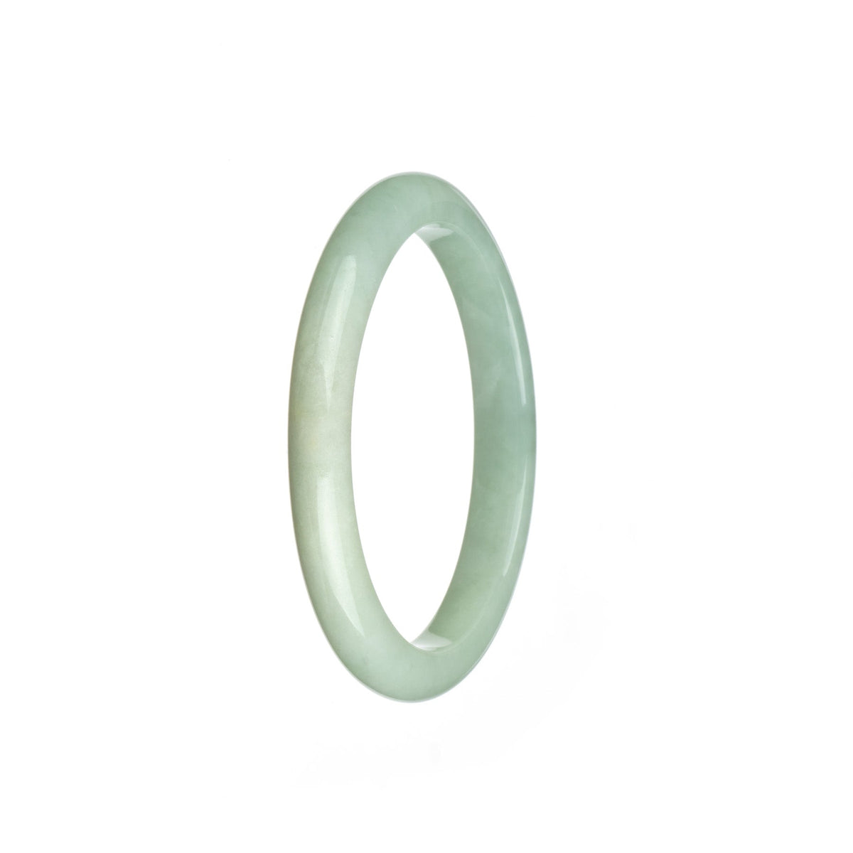 A close-up image of a white traditional jade bangle bracelet. The bracelet is made of untreated white jade and has a semi-round shape. It measures 55mm in diameter. The jade has been certified for its authenticity and quality. Created by MAYS GEMS.