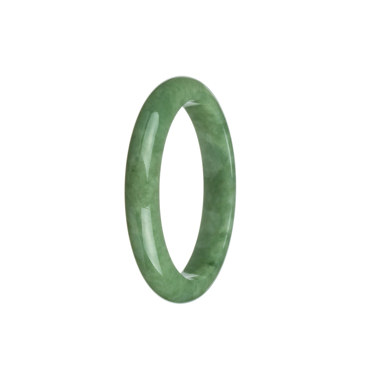 A close-up image of a beautiful jade bracelet made from untreated green Burma jade. The bracelet is semi-round in shape and measures 53mm in size. It is a genuine piece of jade, known for its stunning natural green color. The bracelet is a product of MAYS™, a reputable brand in the jewelry industry.