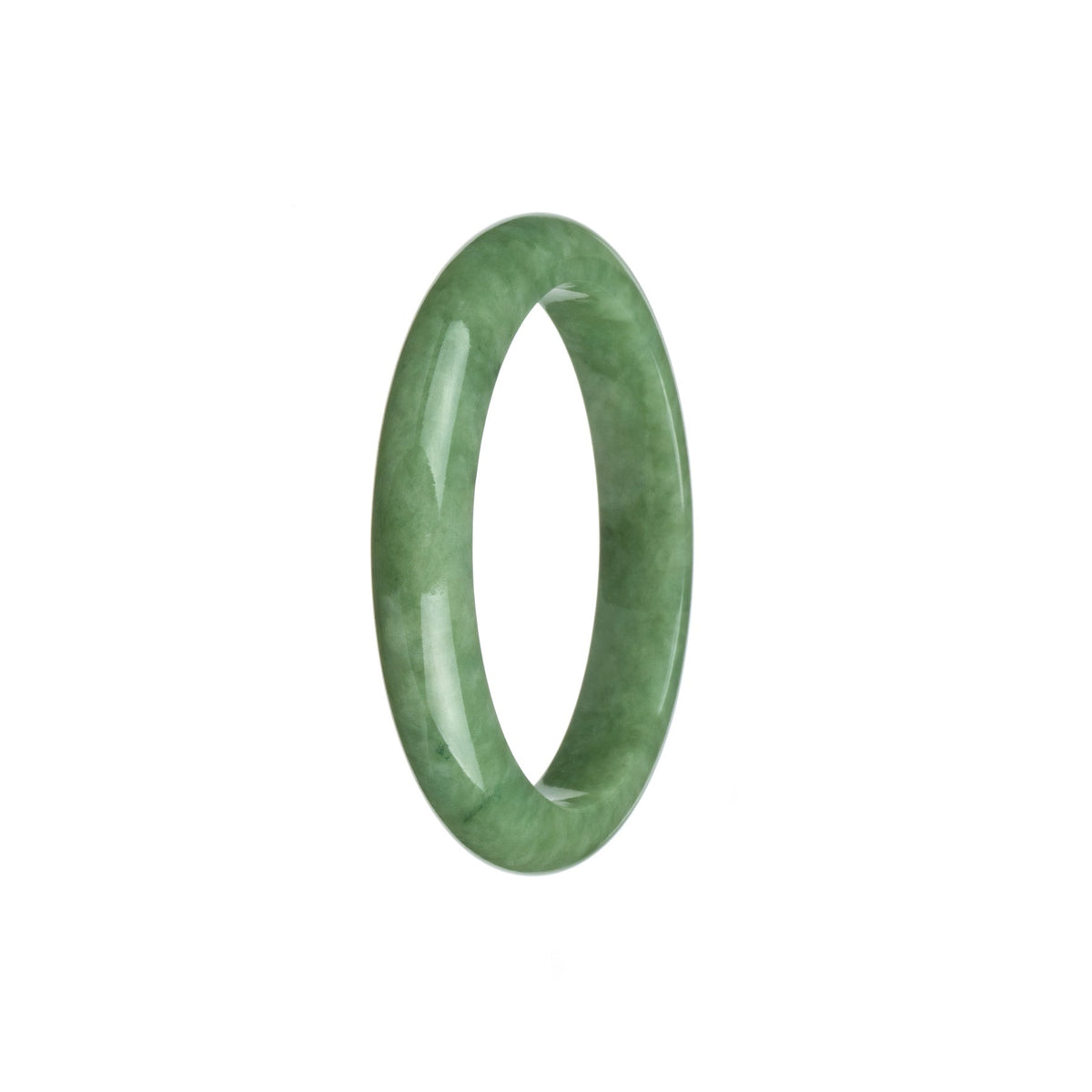A close-up image of a genuine grade A green traditional jade bangle bracelet with a semi-round shape, measuring 53mm in diameter. The bracelet is from MAYS GEMS.
