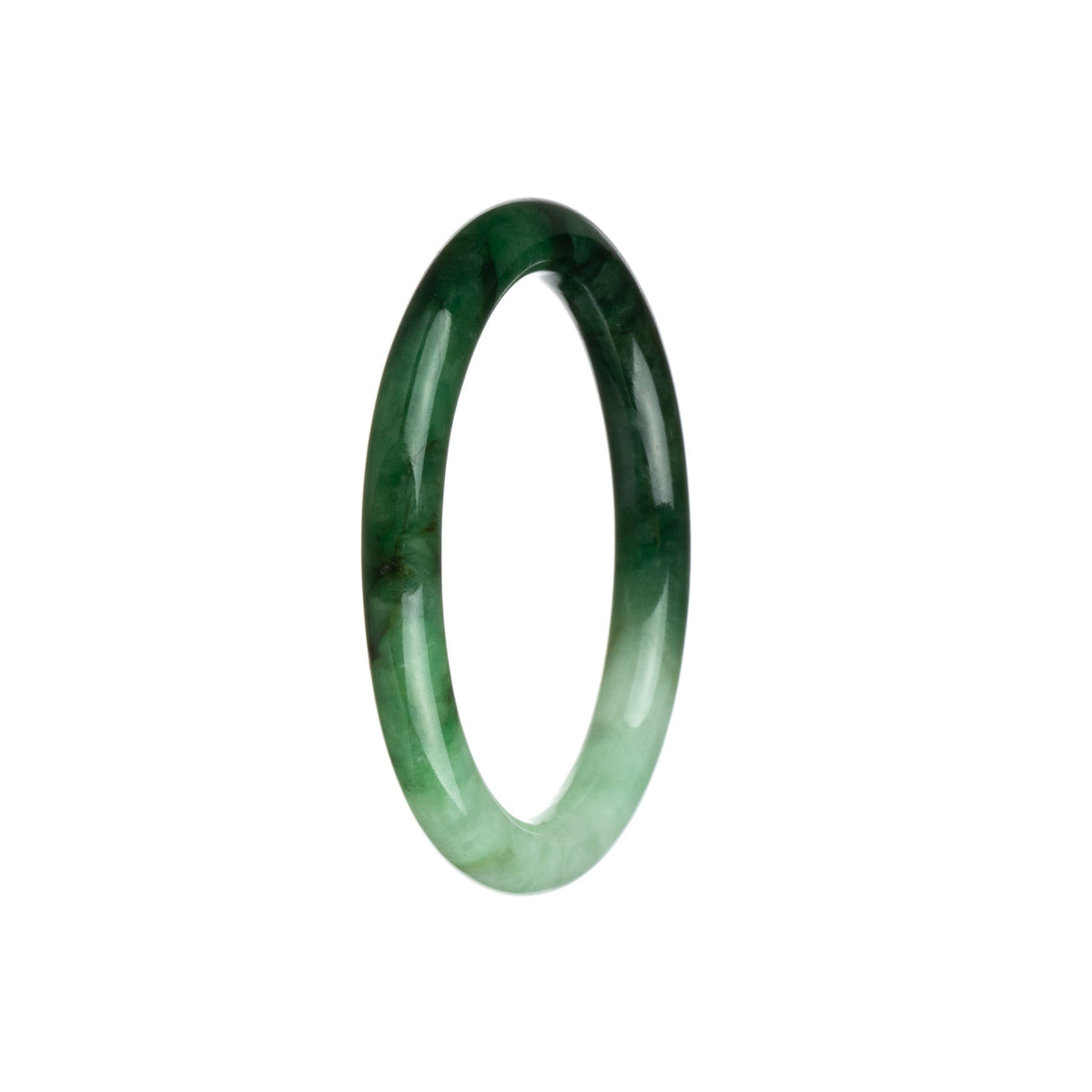 A beautiful jadeite jade bangle bracelet with a combination of stunning emerald green and white colors. The petite round shape adds a delicate touch to this genuine and natural piece of jewelry.