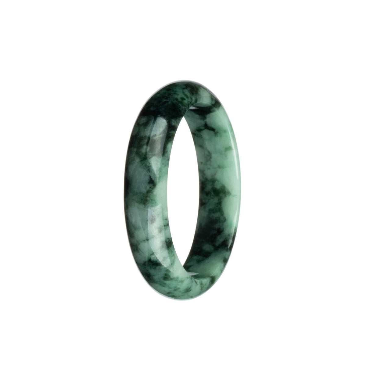 A close-up image of an authentic Grade A Green and Black Pattern Burmese Jade Bangle Bracelet. The bracelet is in a half moon shape and measures 53mm in size. It showcases a beautiful green and black pattern, making it a stunning piece of jewelry. This bracelet is available from MAYS GEMS.
