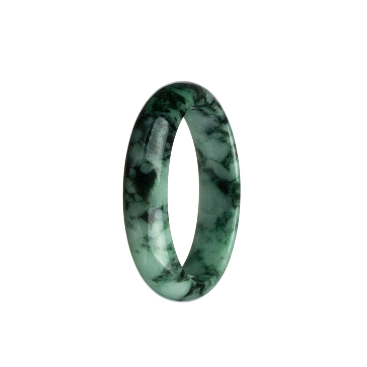A close-up photo of a beautiful, half-moon shaped jadeite bangle, featuring a vibrant green and black pattern. This certified Grade A jadeite bangle measures 53mm in diameter and is made by MAYS™.