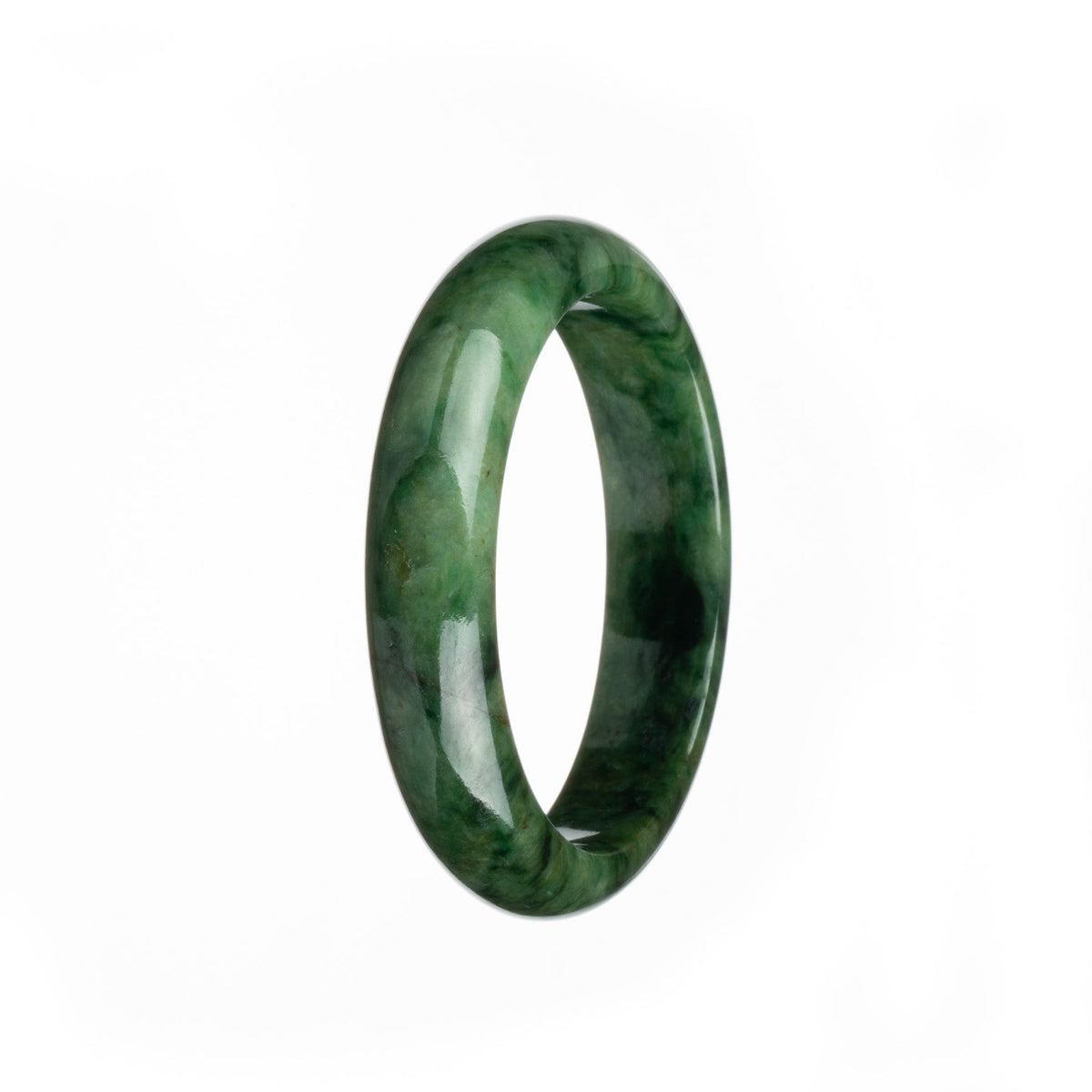 A close-up photo of a half moon-shaped green jade bracelet with a unique pattern.
