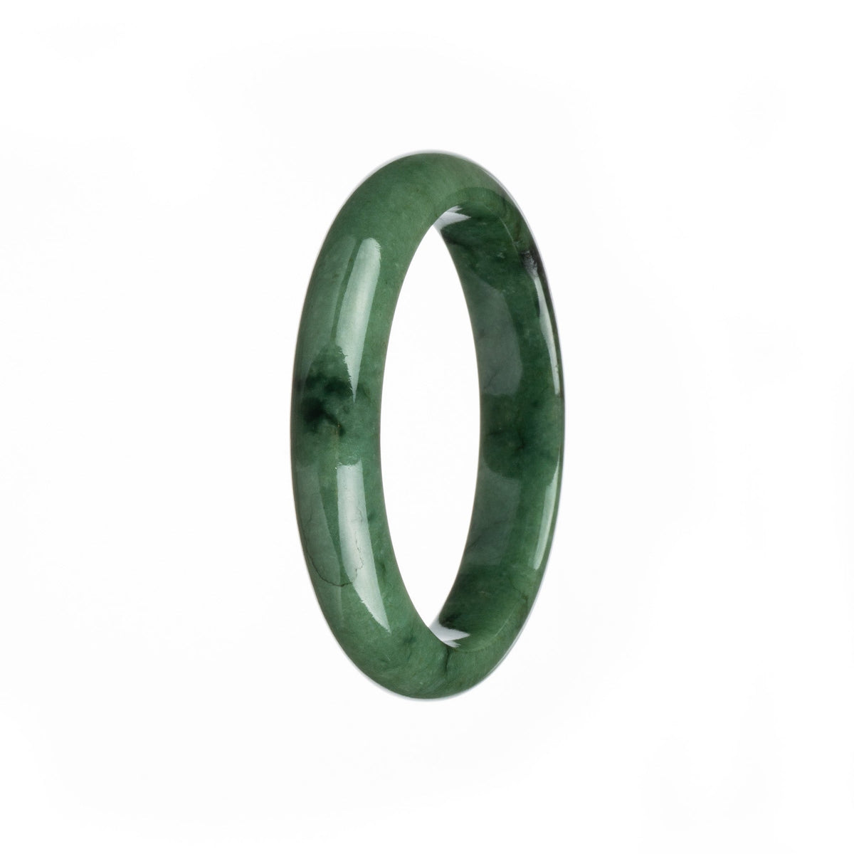 Image of a deep green Burma jade bangle with a half moon shape, measuring 57mm. A high-quality gemstone accessory from Mays Gems.