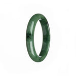 Image of a deep green Burma jade bangle with a half moon shape, measuring 57mm. A high-quality gemstone accessory from Mays Gems.