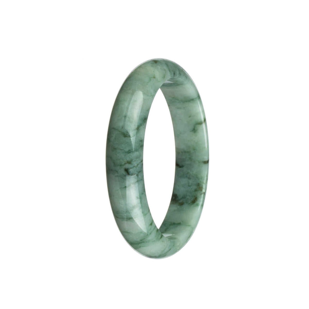 A close-up image of an authentic Grade A jade bangle. The bangle is greenish white in color with a dark green pattern, resembling a half moon shape. This beautiful piece of jewelry is sold by MAYS GEMS.