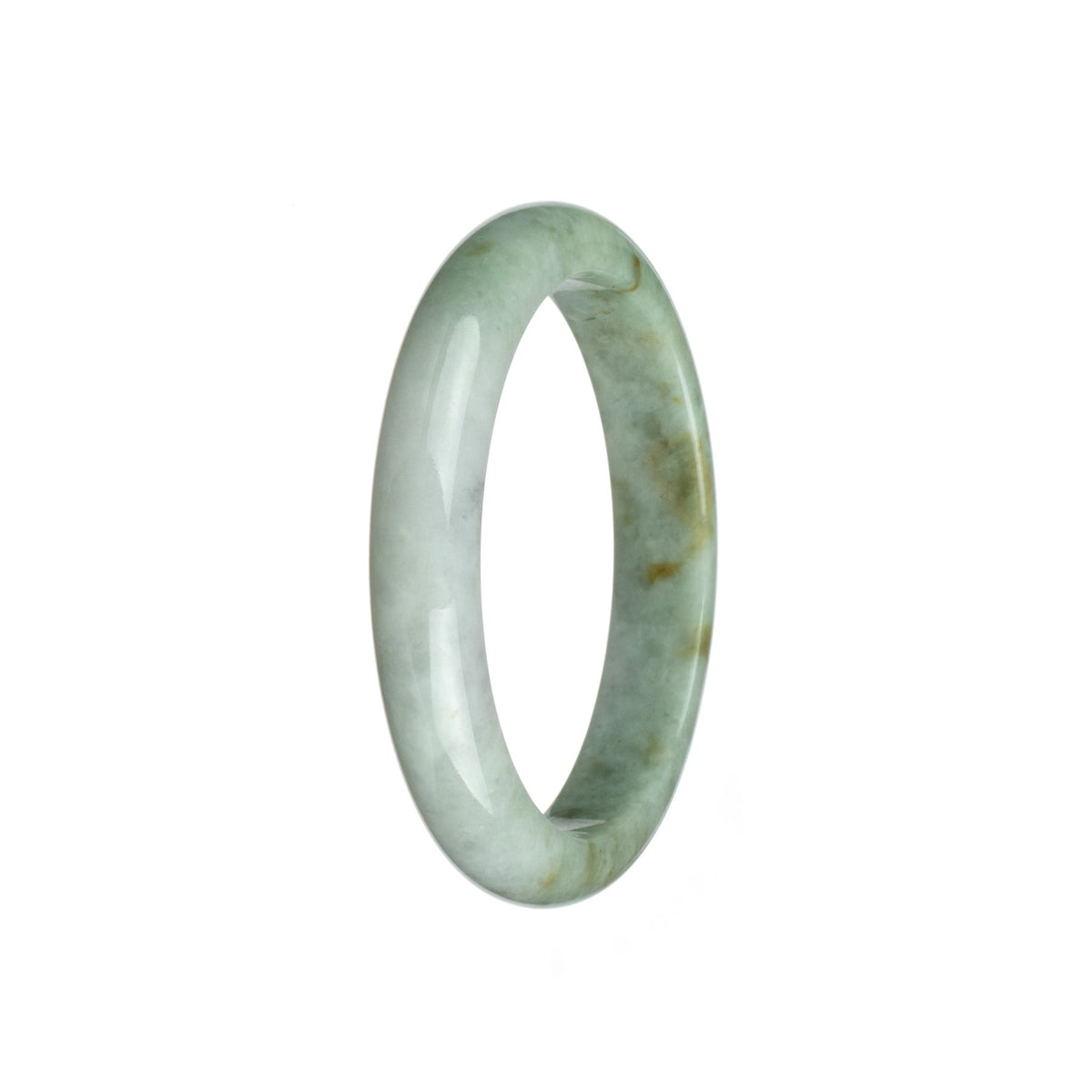A close-up of a stunning Real Grade A White and Brown Pattern Jade Bangle Bracelet, with a 58mm circumference and a unique half moon shape. The bracelet is designed by MAYS™.