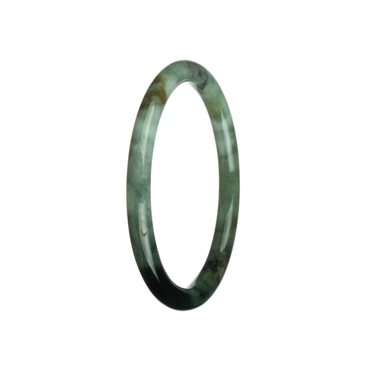 A delicate round jade bracelet featuring a natural white and green pattern from Burma. Perfect for petite wrists, measuring 61mm in size. Exudes an authentic and timeless beauty.