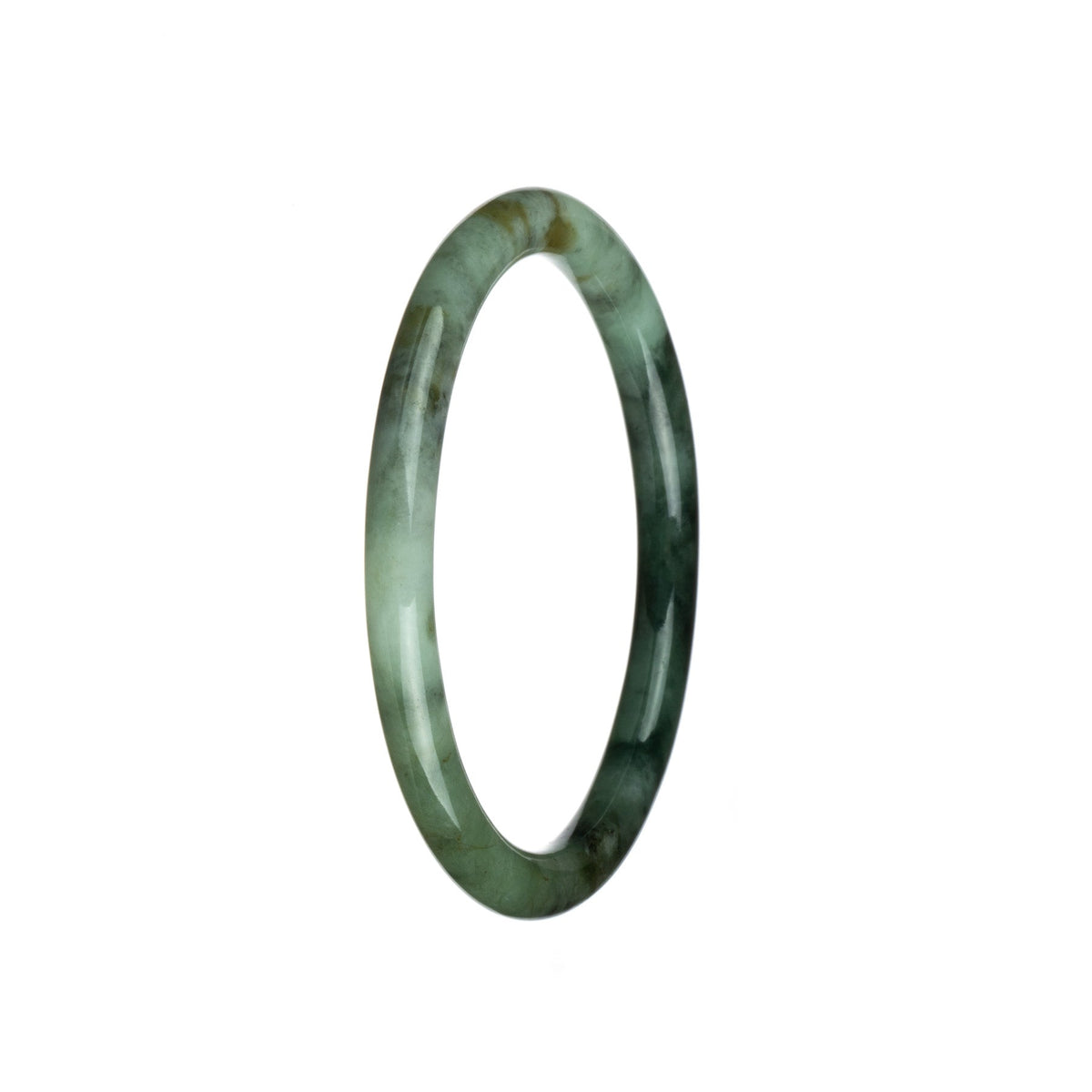 A close-up image of a beautiful jade bangle bracelet, featuring a white and green traditional pattern. The bracelet is petite and round, with a diameter of 61mm. Perfect for adding a touch of elegance to any outfit.