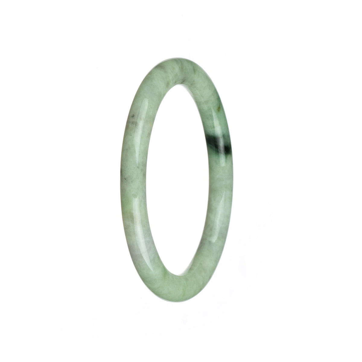 A close-up photo of a beautiful, pale green Burma Jade bangle. The bangle has a petite round shape and features an authentic Type A pattern. It is from MAYS GEMS.