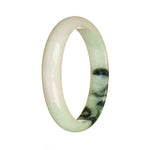 A close-up image of a half moon-shaped Burmese Jade bangle bracelet with a beautiful white and lavender pattern.