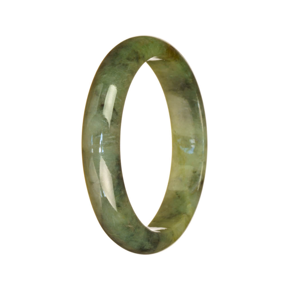 A close-up photo of an elegant green patterned jade bracelet, shaped like a half moon. The jade is of high quality, with a smooth and polished surface. The bracelet is a beautiful piece of jewelry, perfect for adding a touch of sophistication to any outfit.