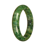 A close-up photo of a green patterned Burmese Jade bracelet in the shape of a half moon, measuring 57mm. The jade has a beautiful, intricate design and is set on a metal band. The bracelet is from the brand MAYS.