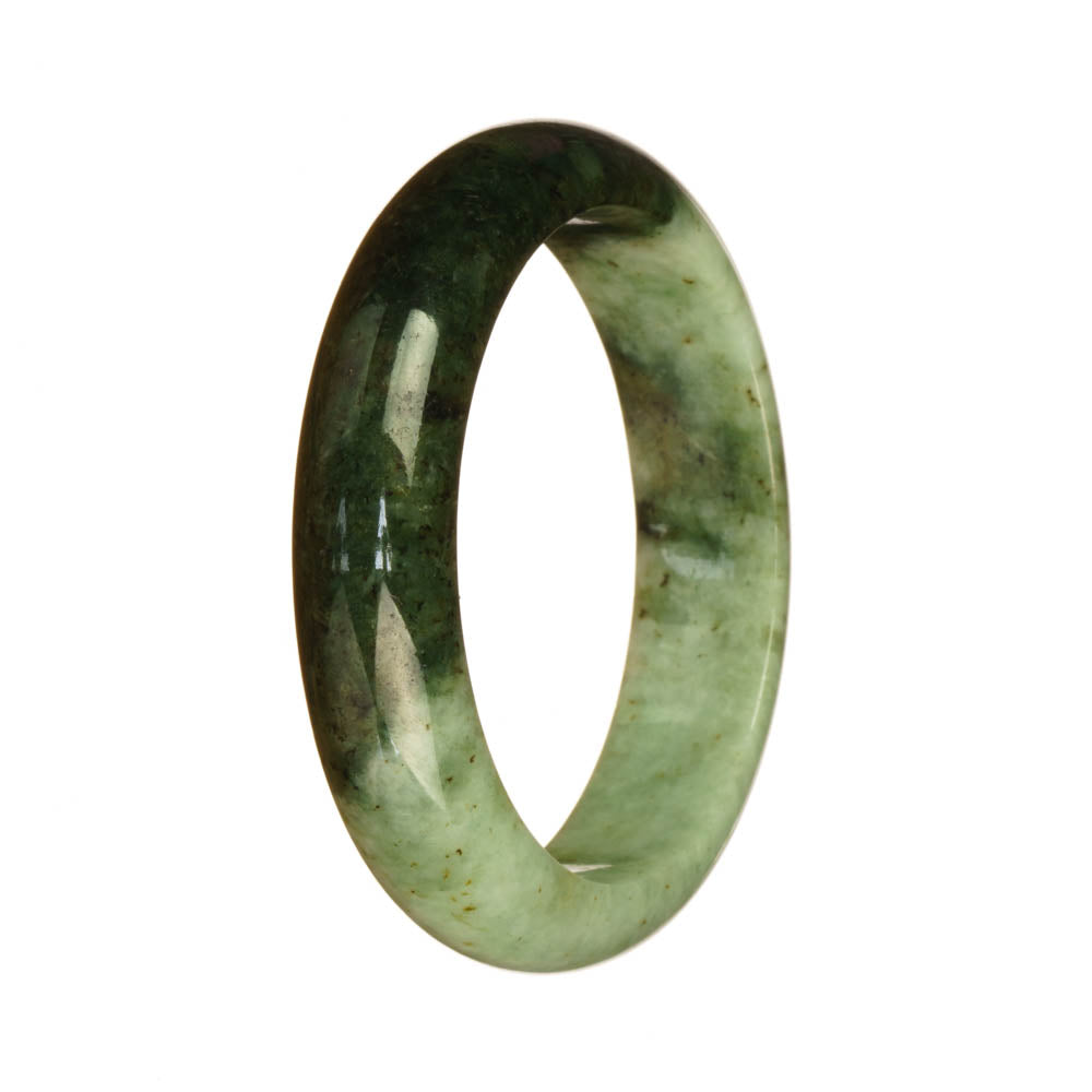 A close-up of a vibrant jade bangle bracelet with a half-moon shape, showcasing a beautiful pattern of deep green and light green colors.