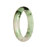 A close-up image of a genuine Type A Burmese Jade bangle. The bangle features a beautiful white and green pattern, and has a 54mm diameter in the shape of a half moon. This high-quality piece is from the MAYS™ collection.