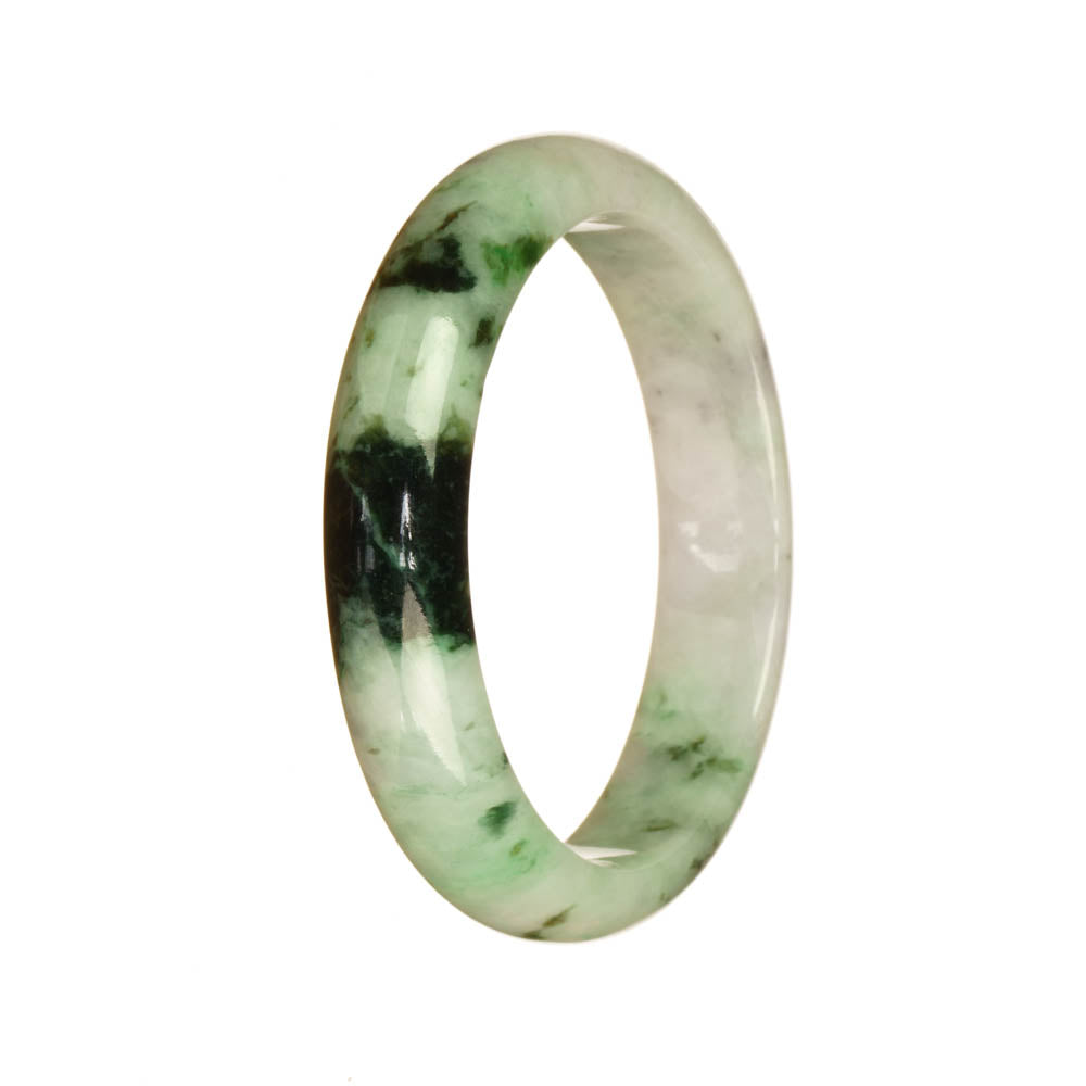 A stunning 54mm half moon Burmese jade bangle bracelet with a beautiful white and green pattern. Certified untreated for authenticity.