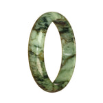 An intricately designed green Burmese jade bangle bracelet with an authentic Type A grade. The bracelet features a 58mm half moon shape, exuding elegance and charm. Perfect for adding a touch of sophistication to any outfit.