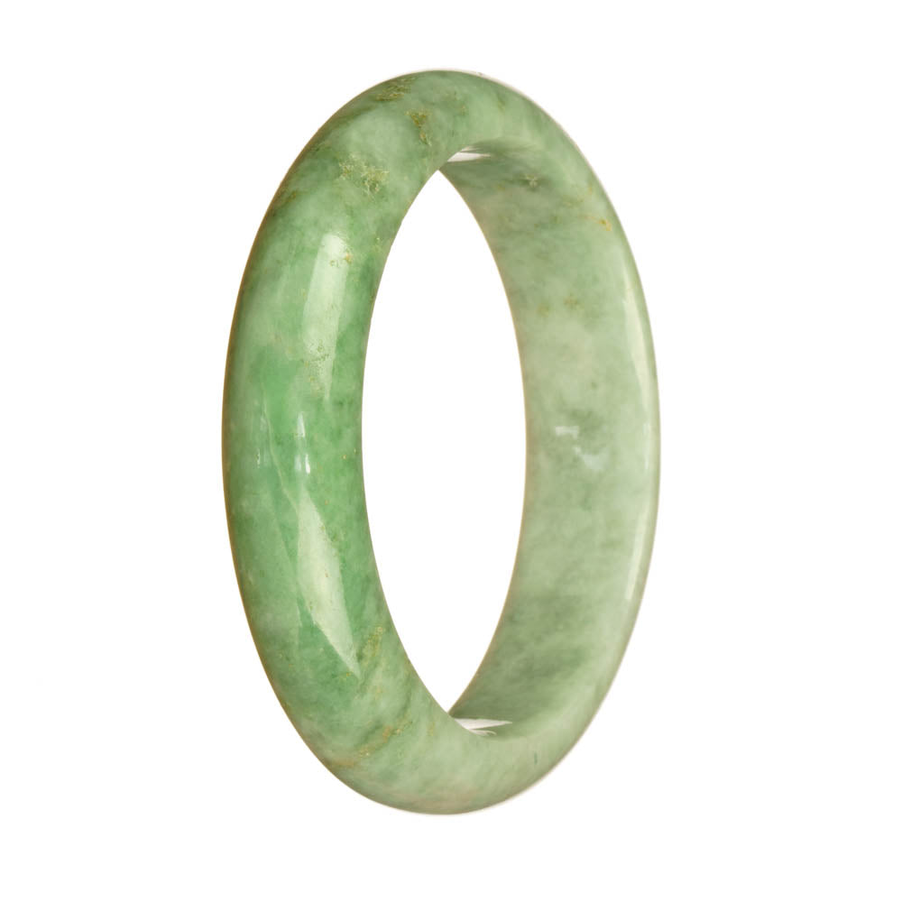 A close-up of a beautiful, light green jadeite bracelet with a unique half moon design, measuring 58mm in diameter. The natural patterns on the jadeite create an elegant and eye-catching accessory. Perfect for adding a touch of sophistication to any outfit.