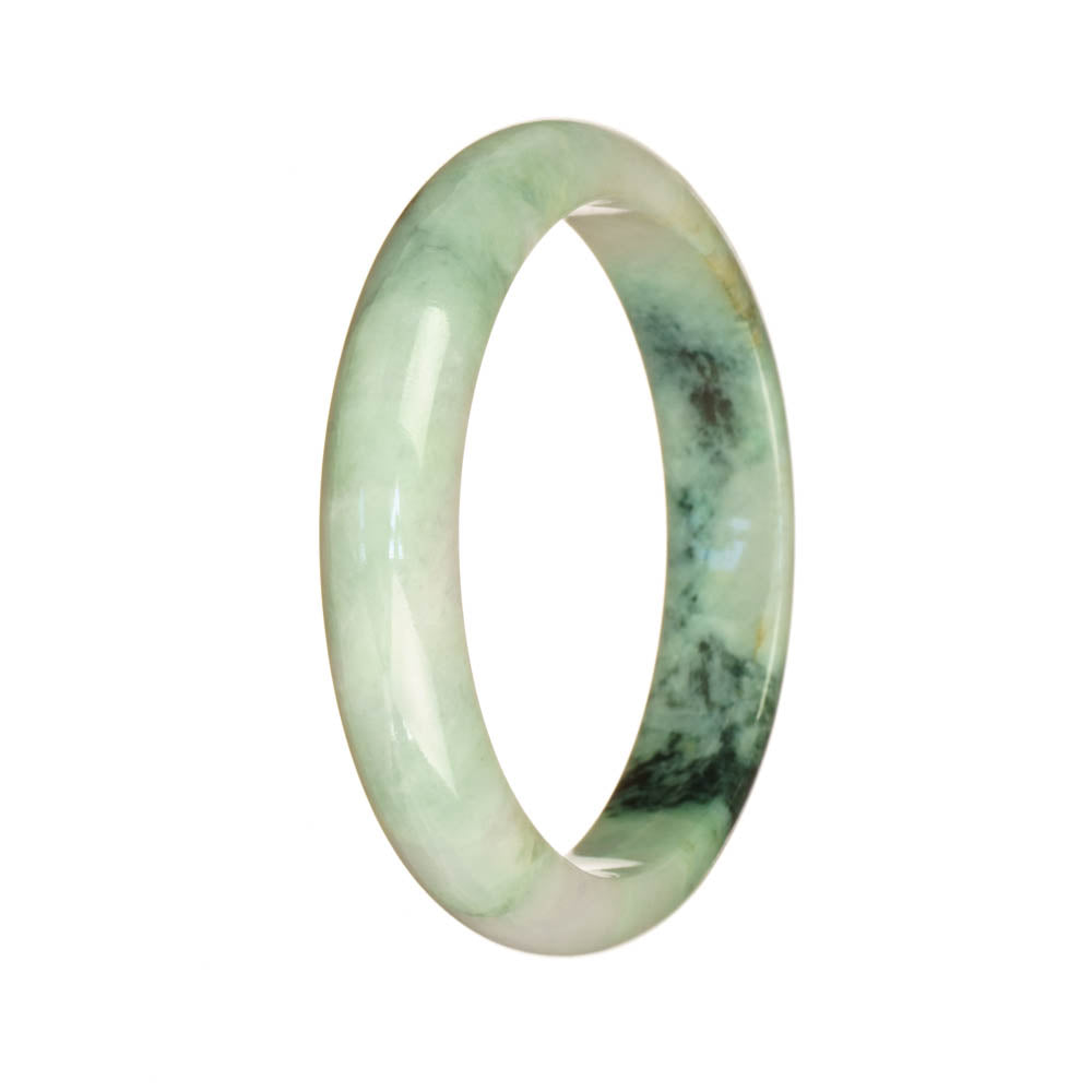 A close-up of a stunning jade bangle with a white and green pattern. The bangle is made of Grade A jadeite and has a 56mm diameter, shaped in a half-moon design. It is certified and comes from the MAYS™ brand.