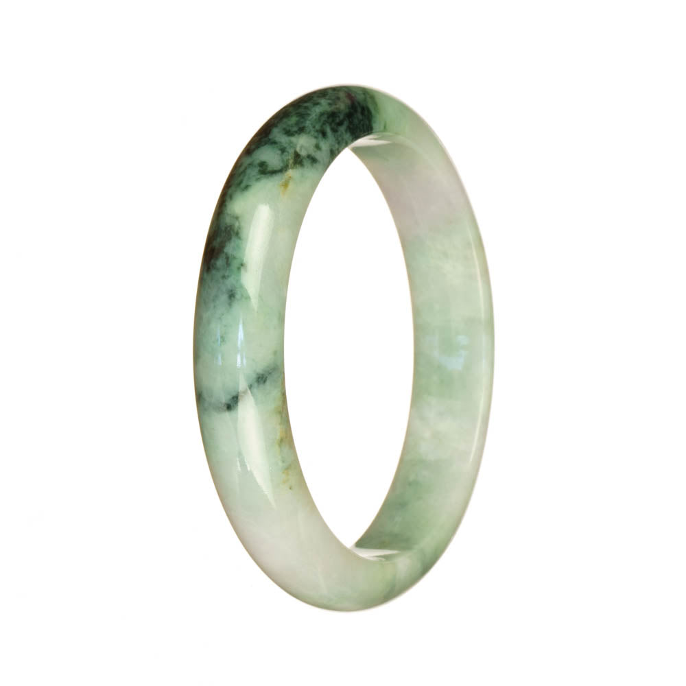 A close-up photo of a half moon-shaped jadeite bangle in white and green pattern. The bangle has a certification for being Type A jadeite.