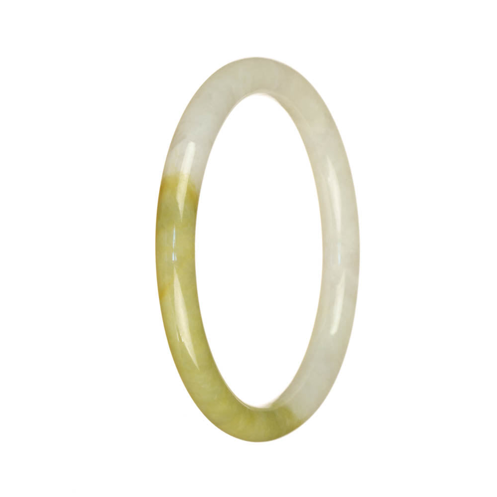 A close-up of a petite round Burma jade bracelet in white and olive green colors. The bracelet is made of authentic untreated jade stones, giving it a natural and organic look.