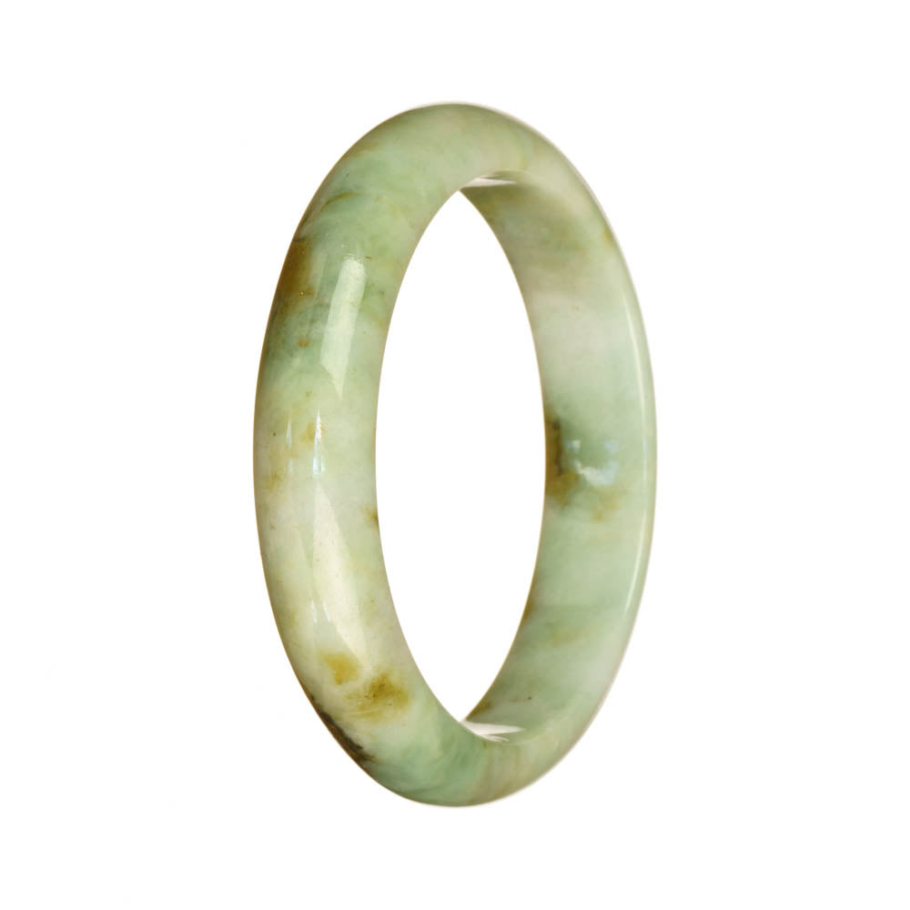 A half moon-shaped bangle made of genuine untreated jadeite in a beautiful white and green pattern. Measures 56mm in diameter. Sold by MAYS.