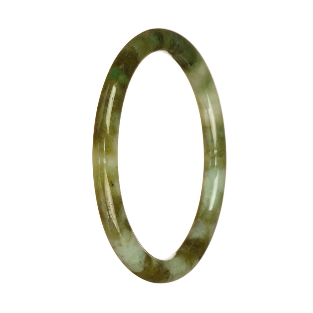 A delicate and elegant jade bangle bracelet, featuring a beautiful green and white pattern. Made from high-quality Burmese jade, this petite round bracelet measures 61mm in diameter. Perfect for adding a touch of natural beauty to any outfit.