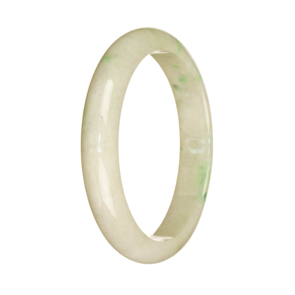 A close-up image of an exquisite Grade A White and Emerald Green Burmese Jade bangle bracelet. The bracelet is in the shape of a half moon and measures 58mm in diameter. The intricate details and vibrant colors make it a truly authentic piece of jewelry.
