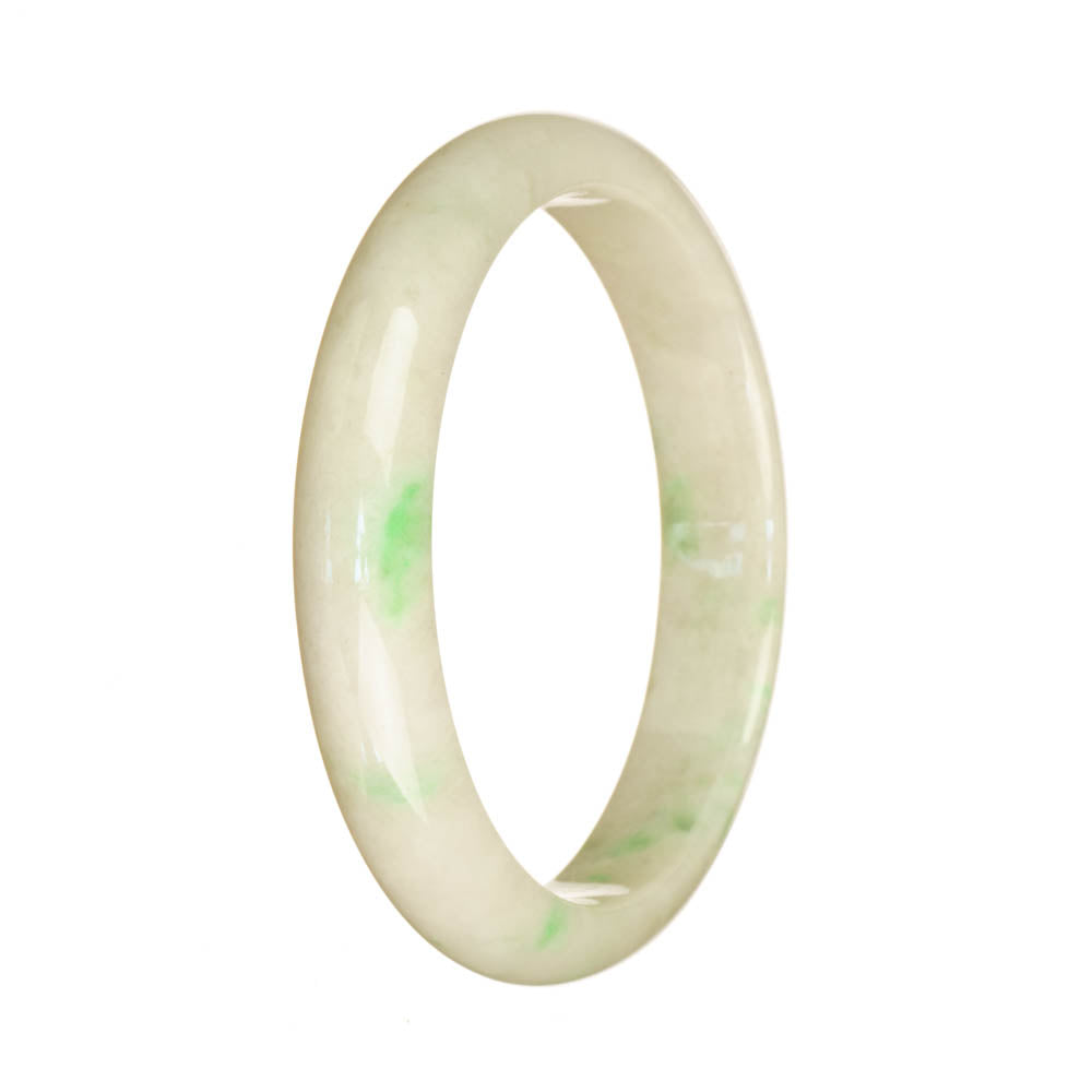 Close-up of a traditional jade bangle bracelet in white and emerald green colors, featuring a half moon shape. This high-quality and certified Grade A jade piece is offered by MAYS GEMS.