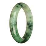 A close-up image of a beautiful jade bracelet, featuring a pattern of green and white colors. The bracelet is in the shape of a 63mm half moon, and it is made of high-quality Grade A jade. The bracelet is being sold by MAYS.