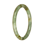 A close-up photo of a light green jade bangle with a delicate pattern. The bangle is round and petite, measuring 60mm in diameter. It is made of genuine grade A jade and is sold by MAYS GEMS.
