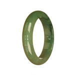 A close-up image of an authentic natural green jadeite jade bracelet with a 51mm half moon shape. The jadeite jade bracelet shines in various shades of green, showcasing its natural beauty. It is a stylish accessory that adds elegance to any outfit.