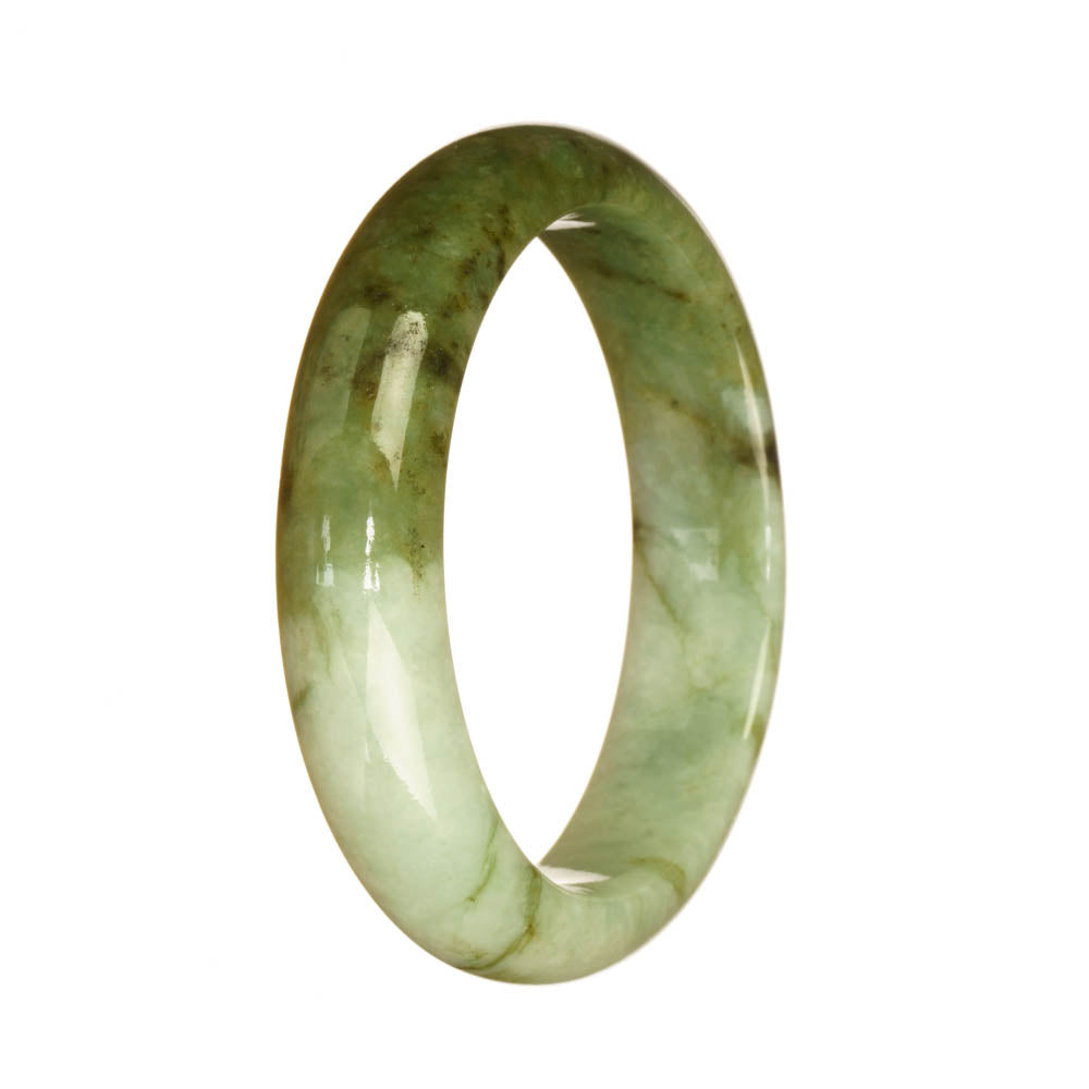 A close-up image of an exquisite white and green patterned jadeite bracelet with a half-moon shape, measuring 55mm in size. The bracelet is made of authentic Grade A jadeite and is designed by MAYS.