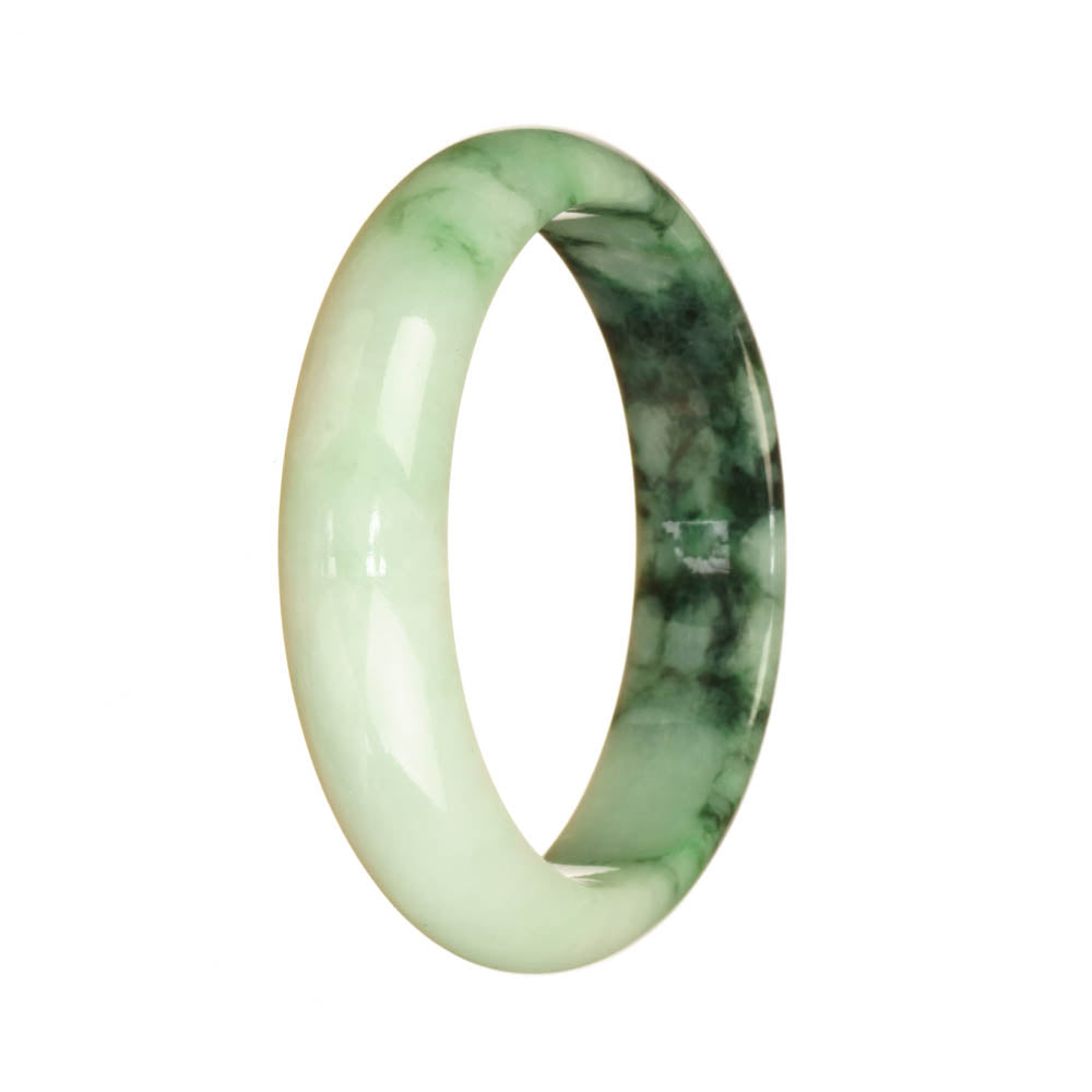 A beautiful jade bangle bracelet with a pale green and green pattern, crafted from genuine Burmese jade. The bracelet features a 55mm half moon shape. Perfect for adding a touch of elegance to any outfit.