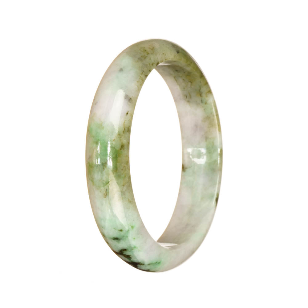 A close-up image of a beautiful jade bracelet with a half-moon shape. The bracelet is made of untreated white jade with a green pattern running through it. It is certified for its authenticity and quality. The bracelet measures 54mm in diameter and is part of the MAYS™ collection.