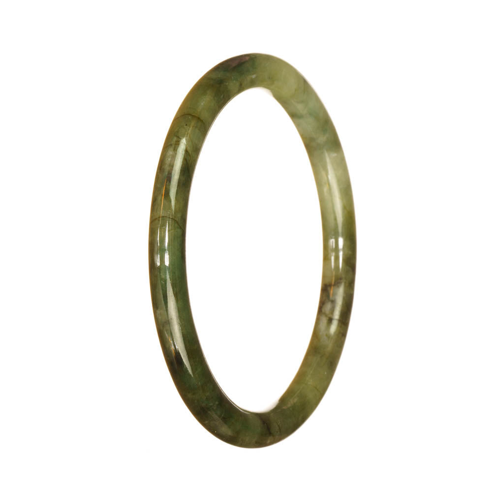 A close-up image of a small, round Burmese jade bracelet with a beautiful green pattern. The bracelet is made of genuine Grade A jade and measures 60mm in size. It is a delicate and elegant piece of jewelry.