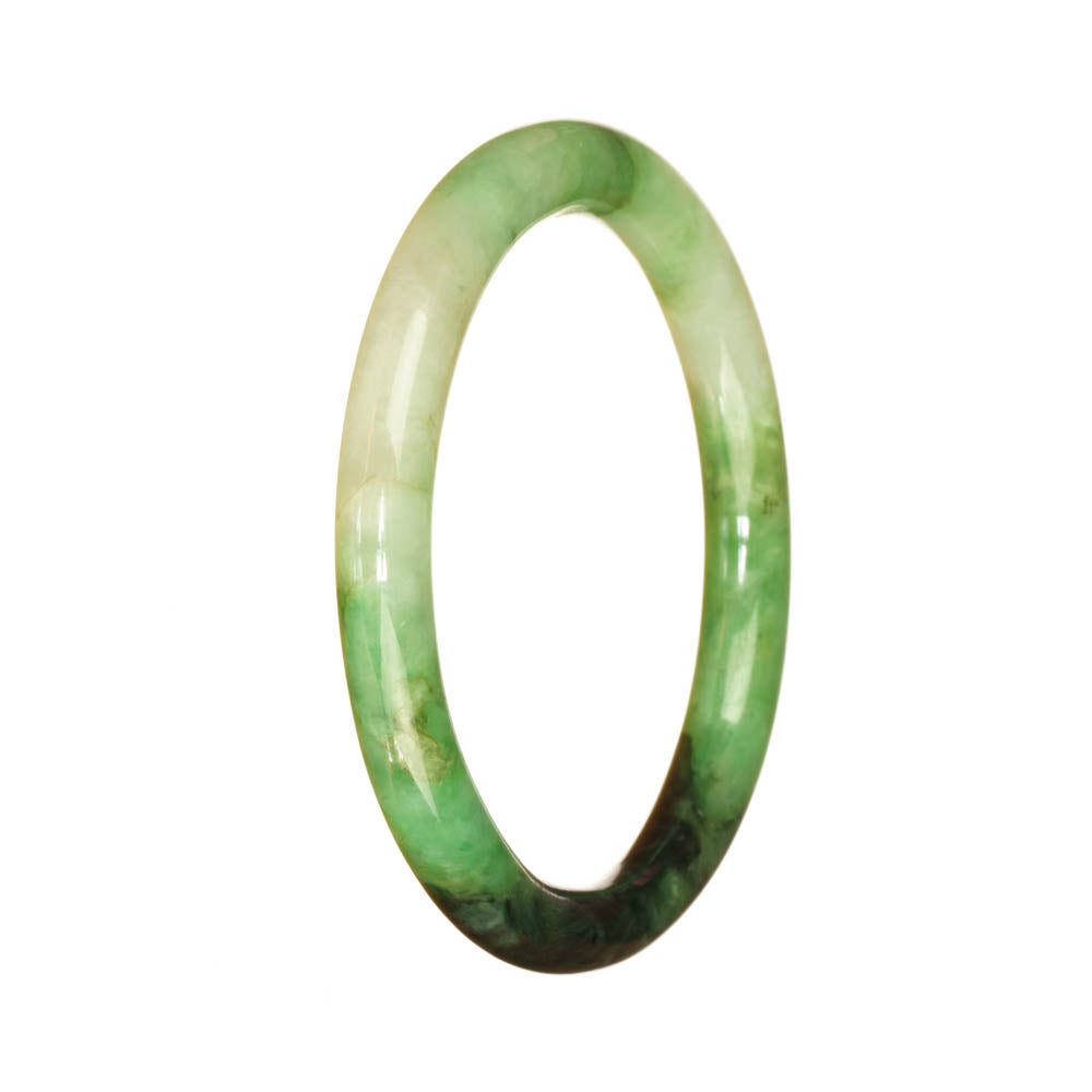 Close-up of a beautiful jade bracelet with genuine Grade A emerald green and deep green patterns. The bracelet is 56mm in size and has a petite round shape. Designed by MAYS™.