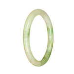 A close-up image of a petite round bangle bracelet made of genuine Grade A Burma Jade. The bracelet features a beautiful green and white pattern.