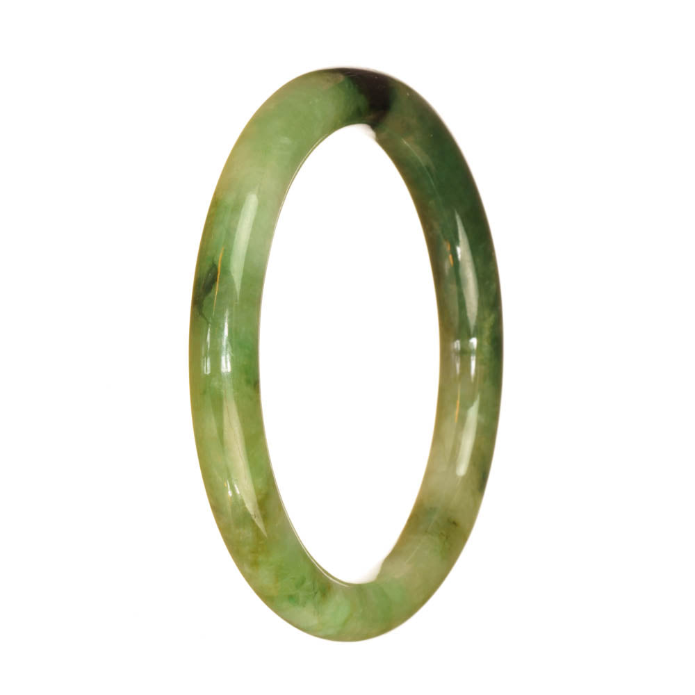 A close-up photo of a small, round, genuine Grade A green Burma Jade bangle bracelet. The bracelet has an intricate pattern and is in a petite size of 59mm. It is sold by MAYS.