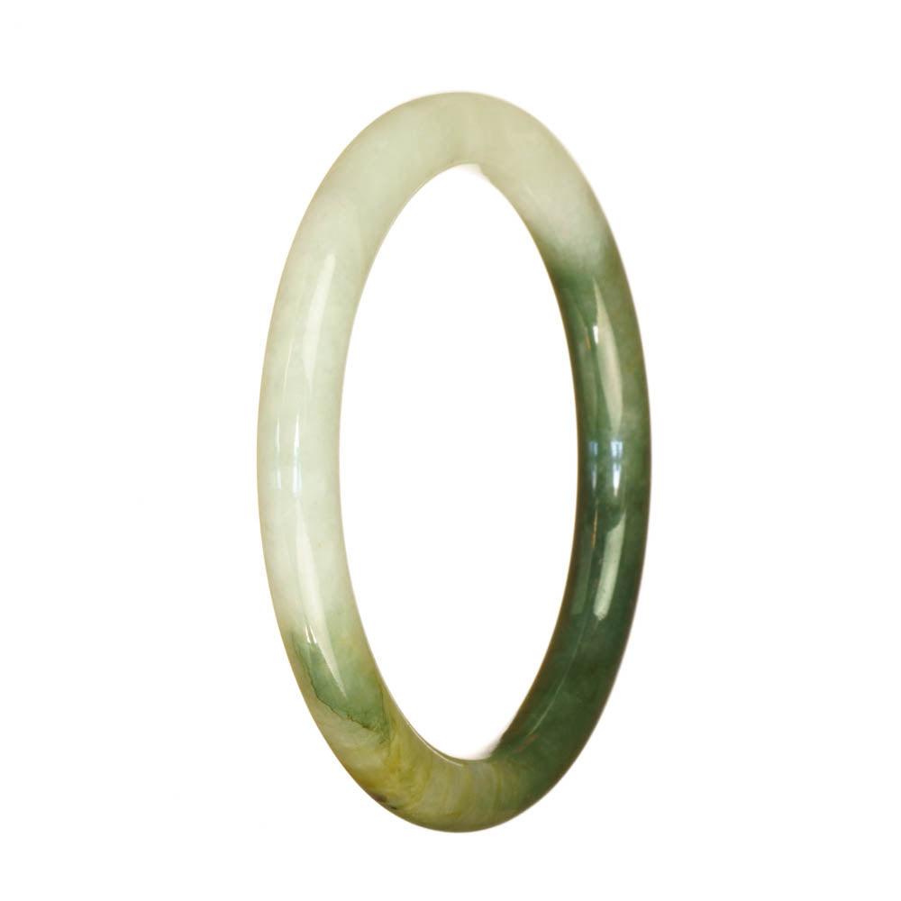 A close-up photo of a petite round bracelet made of authentic natural white and green patterned Burma jade. The bracelet has a delicate and elegant design.