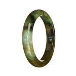 A close-up image of a half-moon shaped jadeite bracelet with a real natural green pattern. The bracelet has a 55mm diameter and is designed by MAYS.