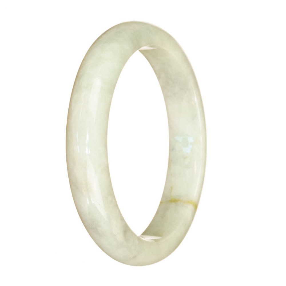 A close-up image of a beautiful white jade bangle bracelet with a half-moon shape. The bracelet appears to be made of high-quality white jade, showcasing its natural and elegant beauty.