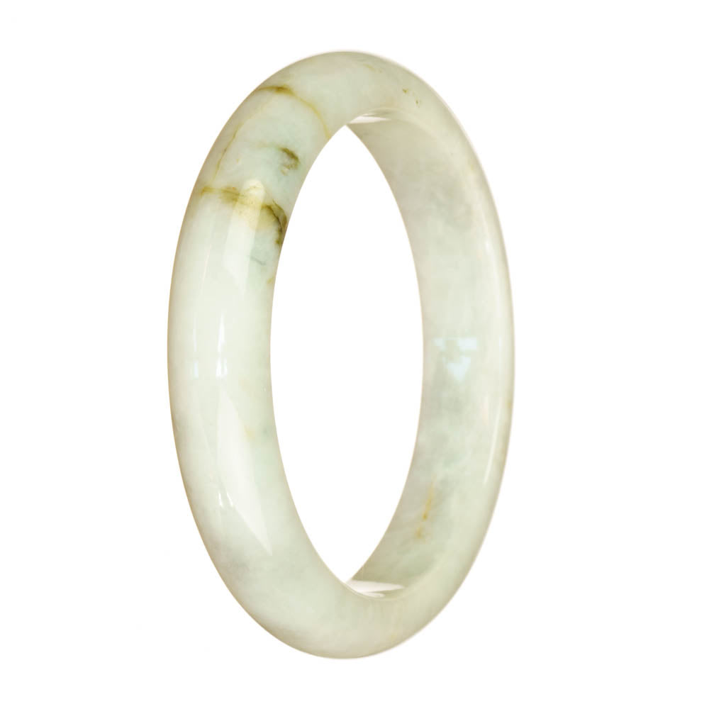 A stunning white Burmese jade bangle bracelet with a half moon design, measuring 61mm. Perfect for adding a touch of elegance to any outfit.