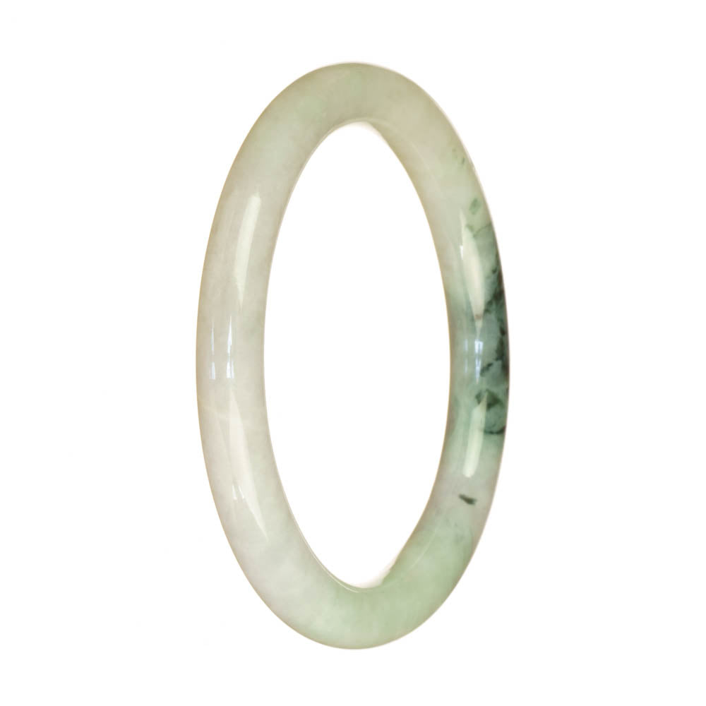 A small, round white jadeite bangle bracelet with a delicate pattern.
