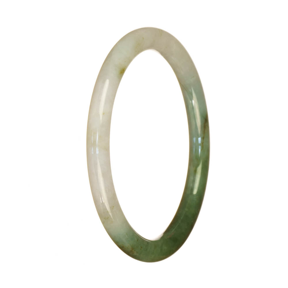 A close-up image of a petite round jade bangle bracelet in white and green colors. The bracelet is made of authentic untreated jade and features a traditional design.