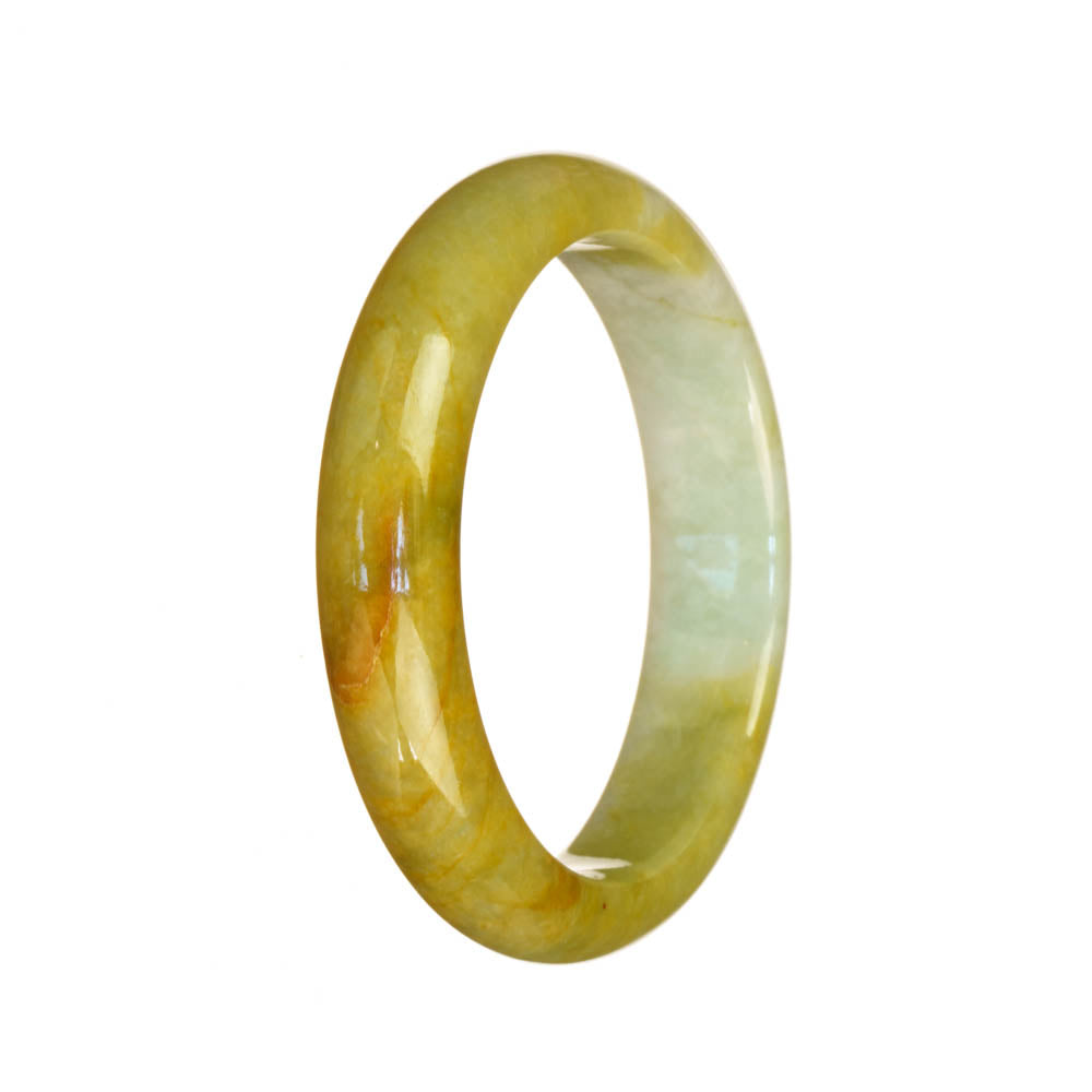 A close-up image of an untreated green with brown jadeite jade bangle bracelet. The bracelet features a 53mm diameter and a half-moon shape. It is a unique and authentic piece from MAYS GEMS.