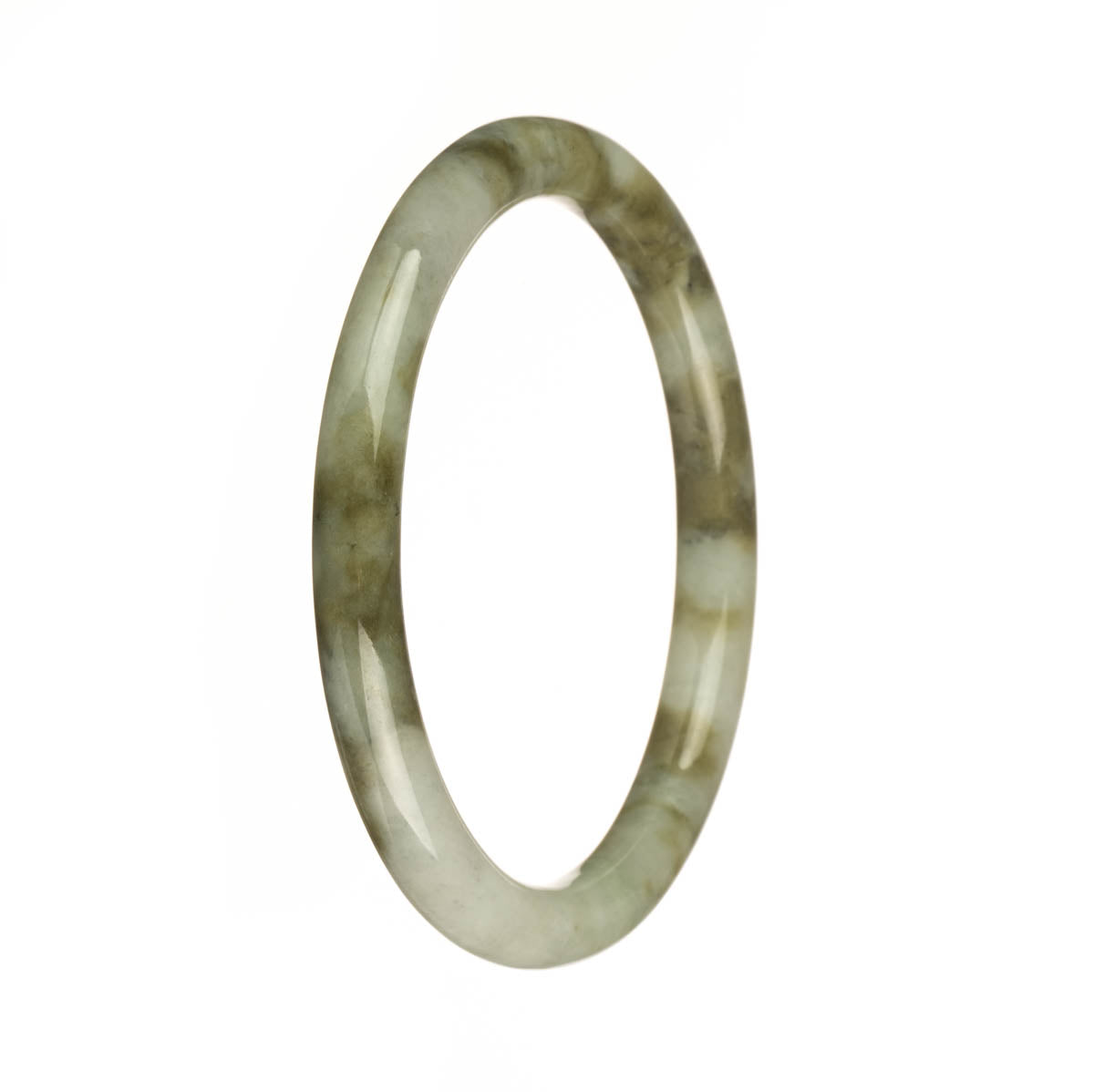 A close-up of a jade bangle bracelet in shades of grey with an olive green pattern. The bracelet is round and petite, measuring 61mm in diameter. It is described as certified Grade A Burmese jade.