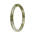 A close-up of a jade bangle bracelet in shades of grey with an olive green pattern. The bracelet is round and petite, measuring 61mm in diameter. It is described as certified Grade A Burmese jade.