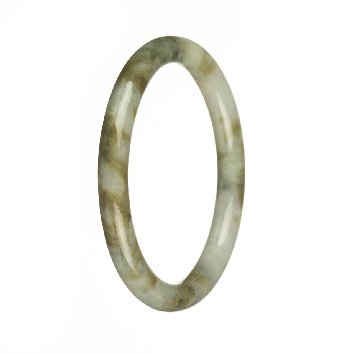 A half moon-shaped jade bracelet with a genuine natural white color and intricate brown patterns.