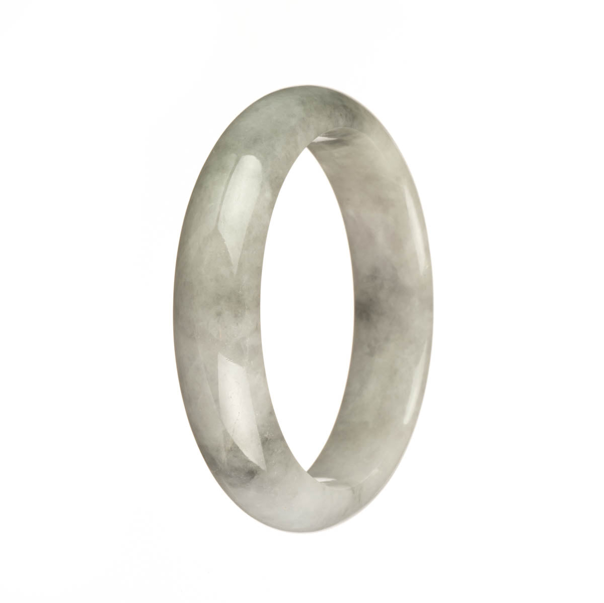 A beautiful white and grey patterned Burma Jade bangle with a half moon shape, measuring 55mm. Perfect for adding a touch of elegance to any outfit.